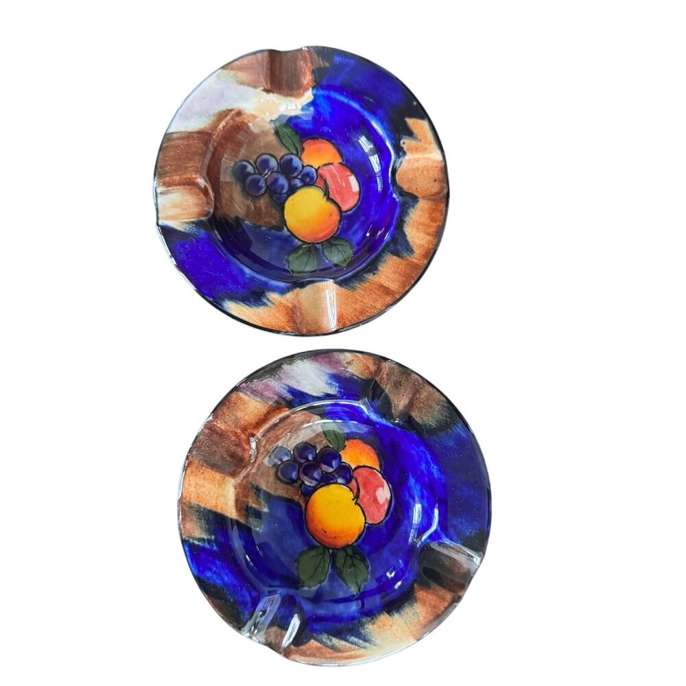 Vintage H&K Tunstall Autumn Fruit Ashtrays Set of 2 Hand Painted Cobalt England
